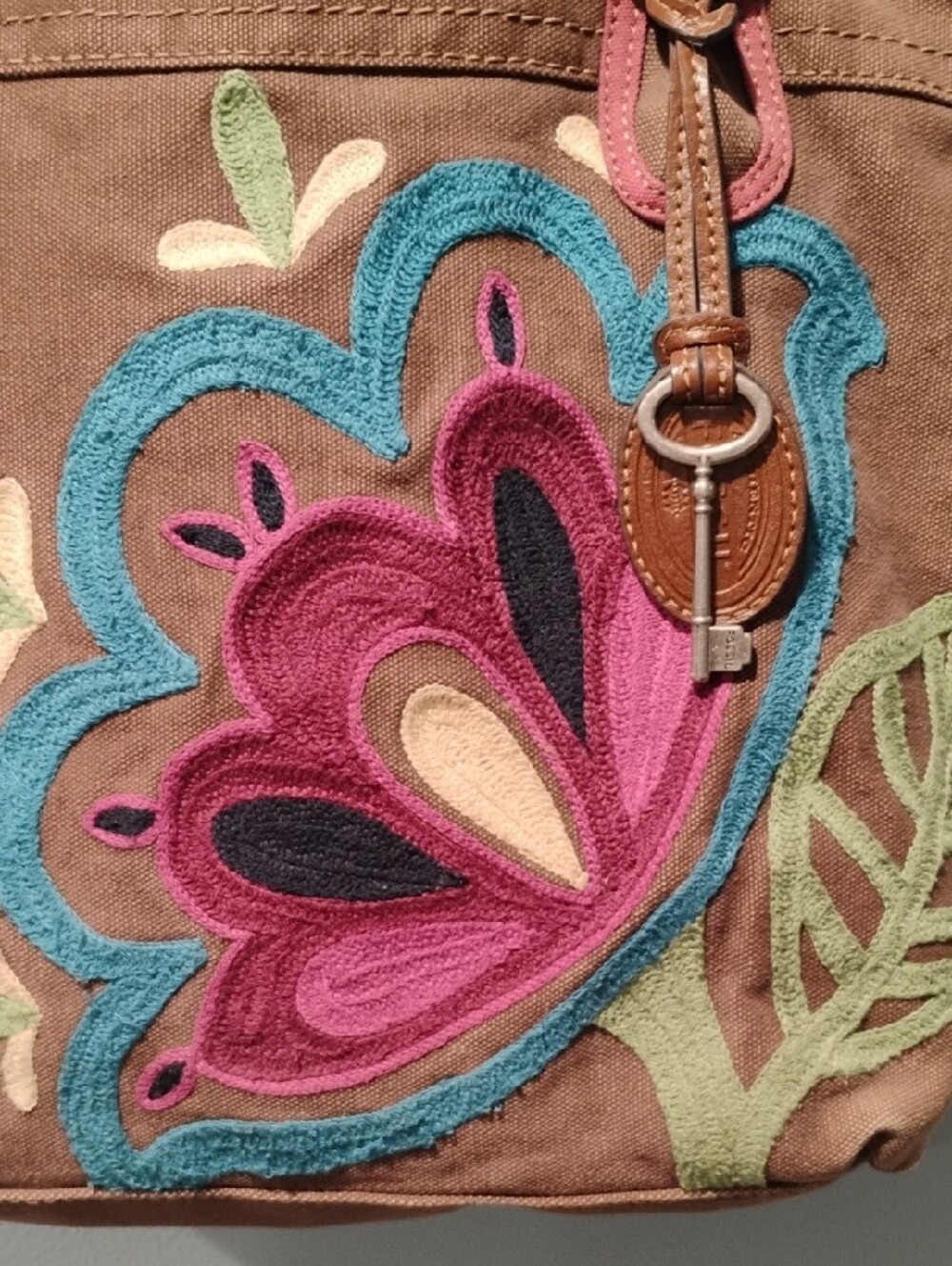 FOSSIL Vintage Brown Floral Embroidered Shoulder Bag - Picture 4 of 7